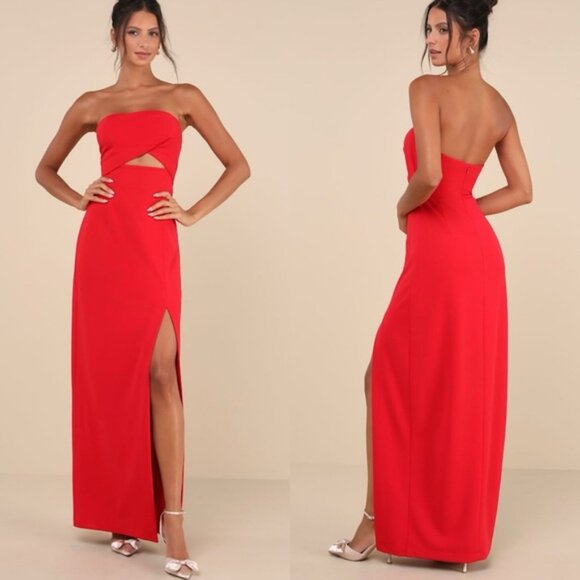 Lulus | Extravagant Persona Red Strapless Cutout Column Maxi Dress - Picture 1 of 8